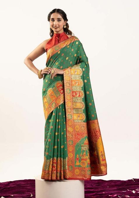 Green Woven Silk Saree Set
