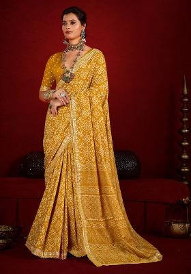 Yellow Printed Silk Blend Saree Set
