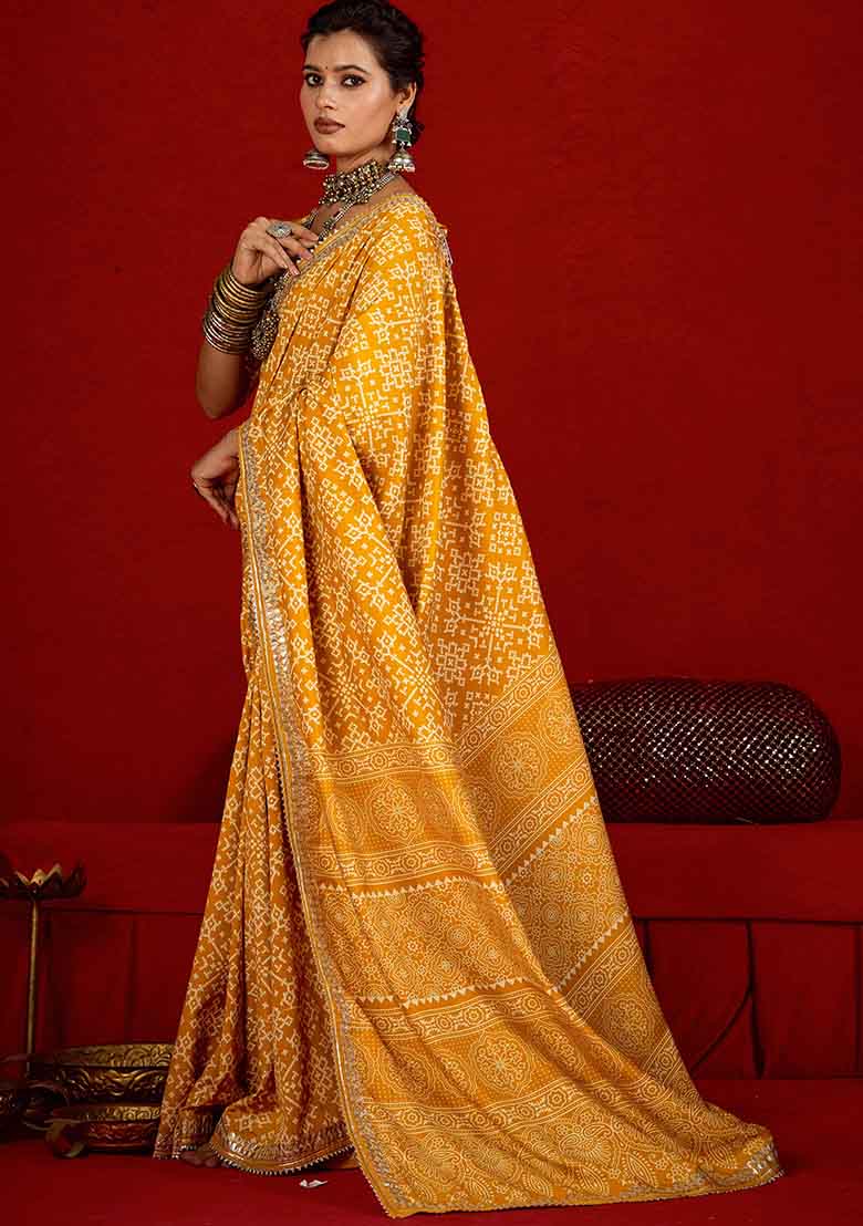 Yellow Printed Silk Blend Saree Set - Indya