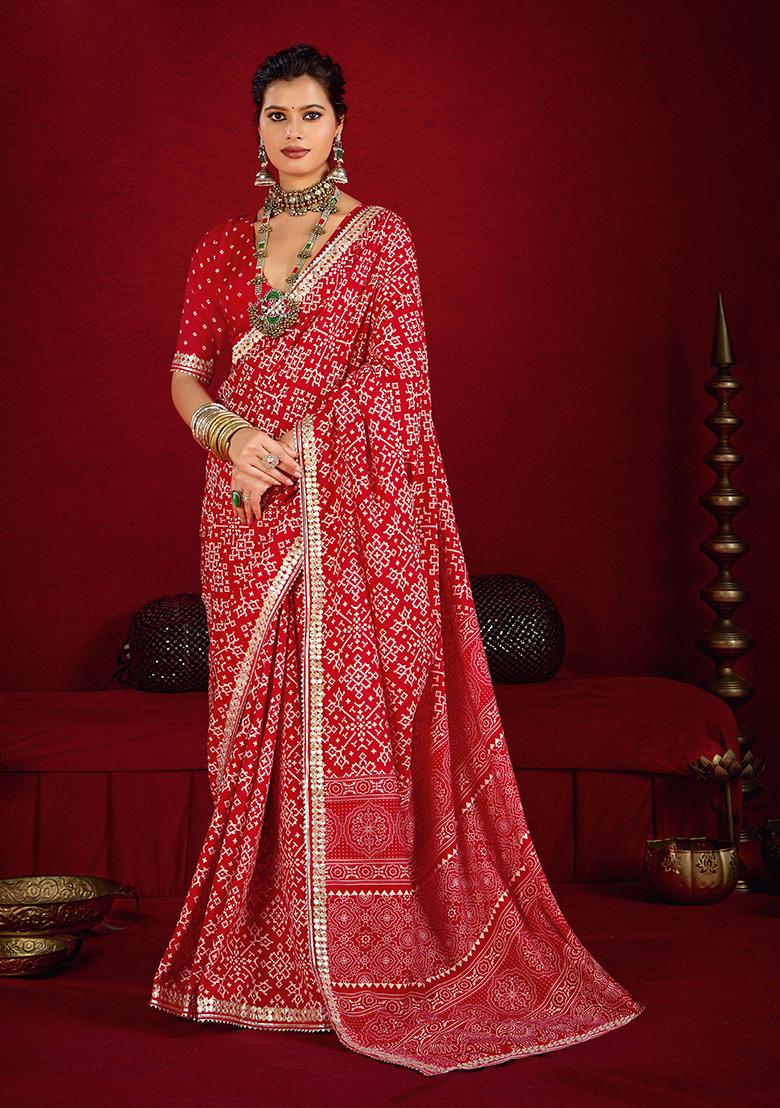 Red Printed Silk Blend Saree Set - Indya