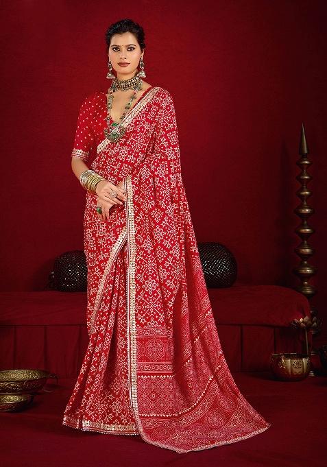 Red Printed Silk Blend Saree Set
