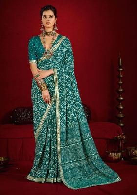 Green Printed Silk Blend Saree Set