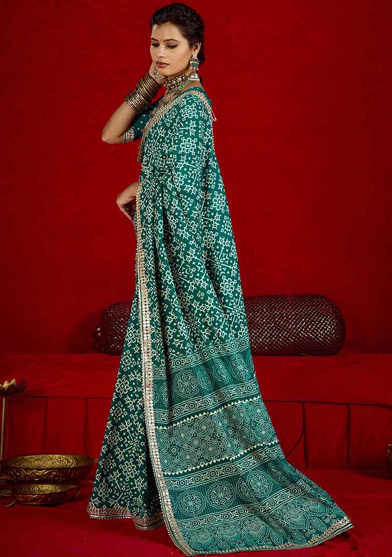 Green Printed Silk Blend Saree Set - Indya