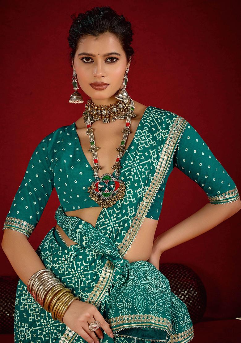 Green Printed Silk Blend Saree Set - Indya