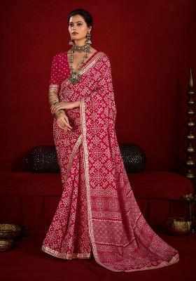 Pink Printed Silk Blend Saree Set