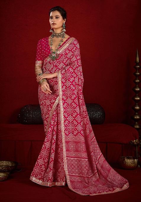 Pink Printed Silk Blend Saree Set