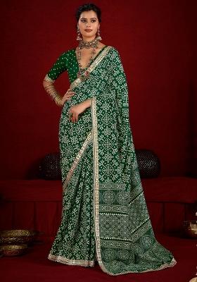 Green Printed Silk Blend Saree Set