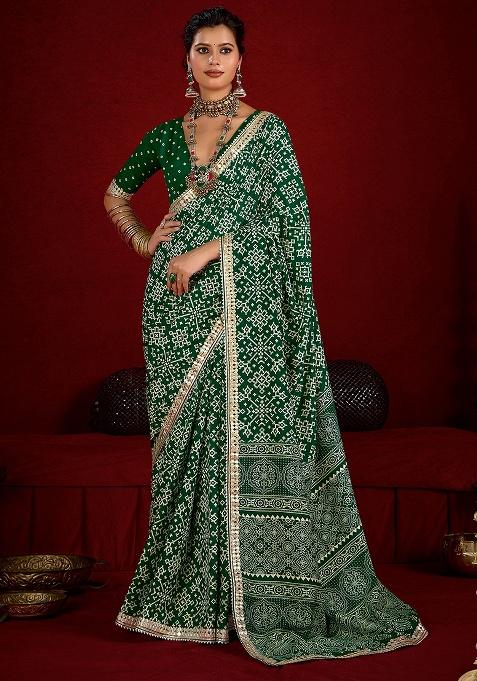Green Printed Silk Blend Saree Set