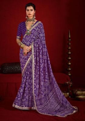 Purple Printed Silk Blend Saree Set