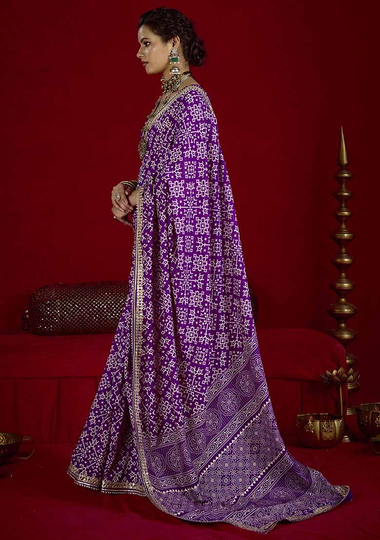 Purple Printed Silk Blend Saree Set - Indya