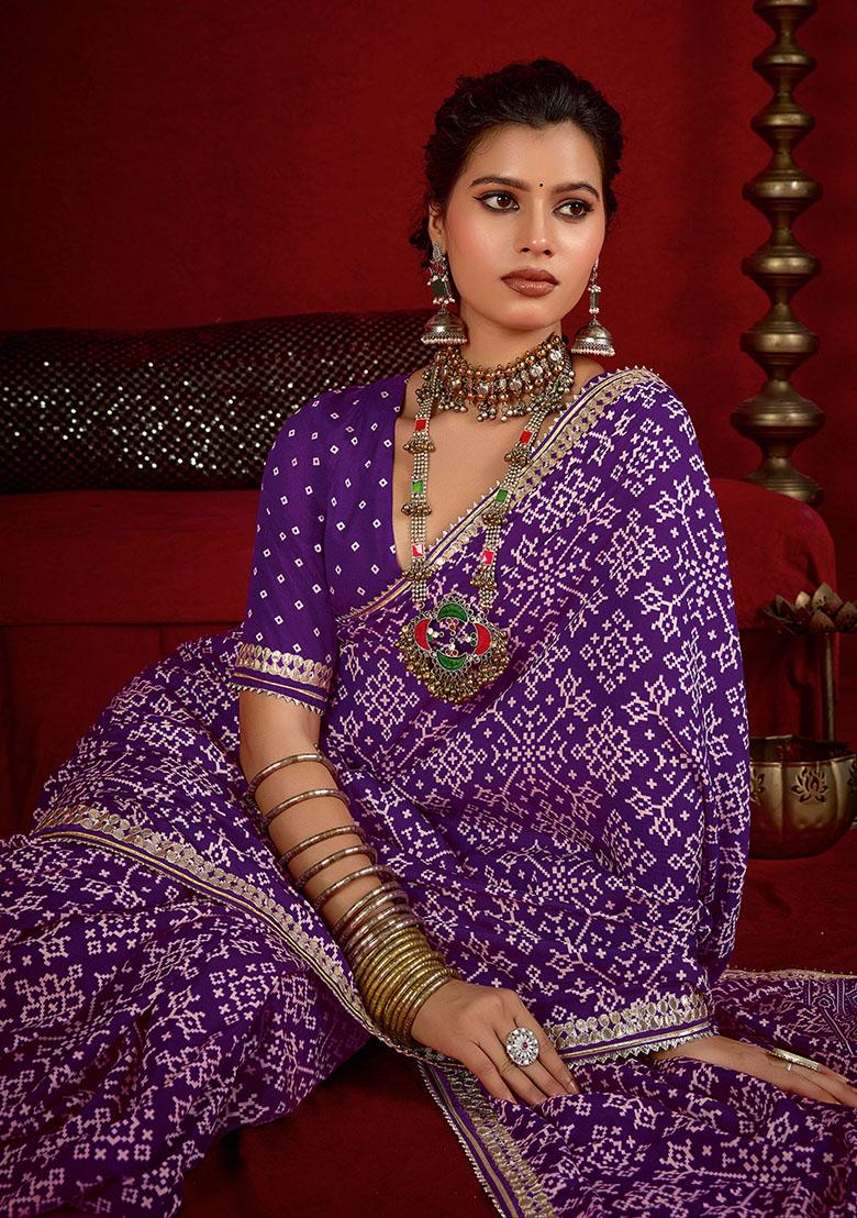 Purple Printed Silk Blend Saree Set - Indya