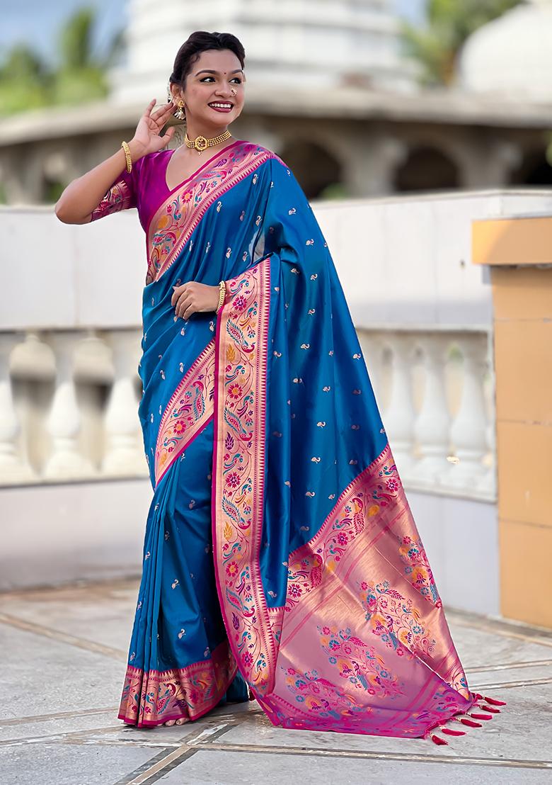 Blue Woven Silk Blend Saree Set - Indya