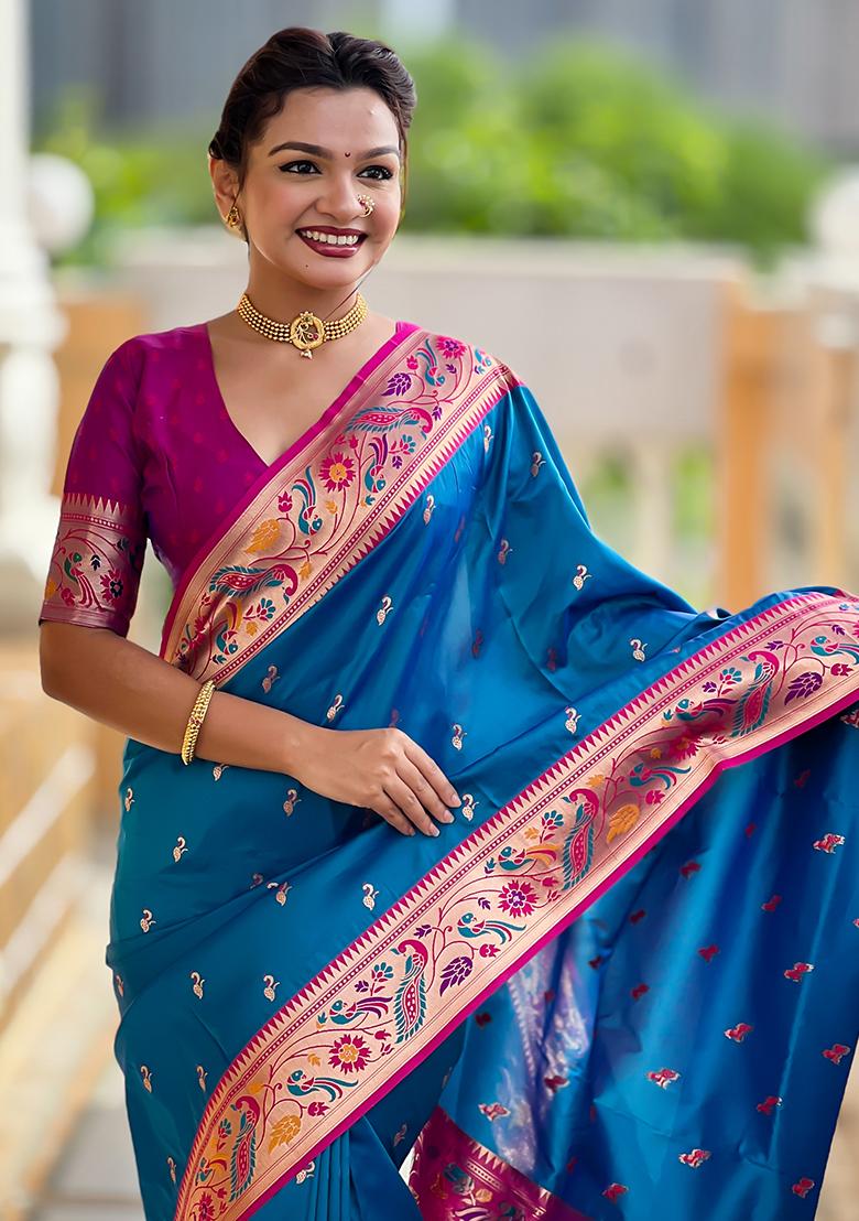Blue Woven Silk Blend Saree Set - Indya