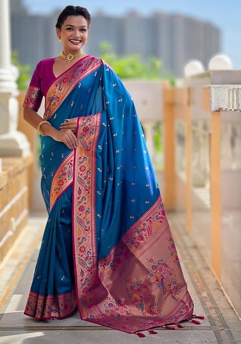 Blue Woven Silk Blend Saree Set