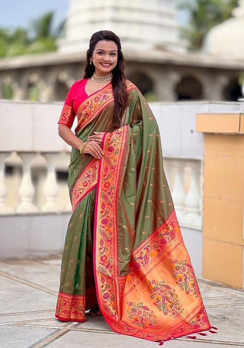 Green Woven Silk Blend Saree Set