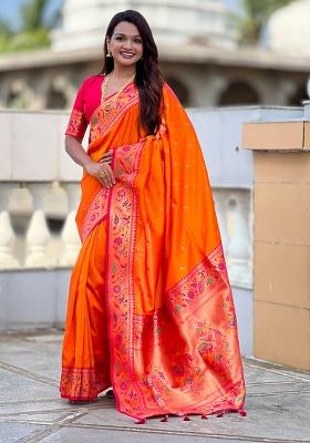 Orange Woven Silk Blend Saree Set