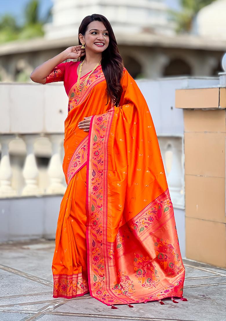 Orange Woven Silk Blend Saree Set - Indya