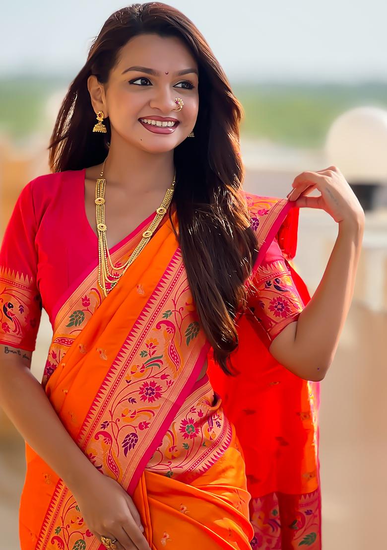 Orange Woven Silk Blend Saree Set - Indya