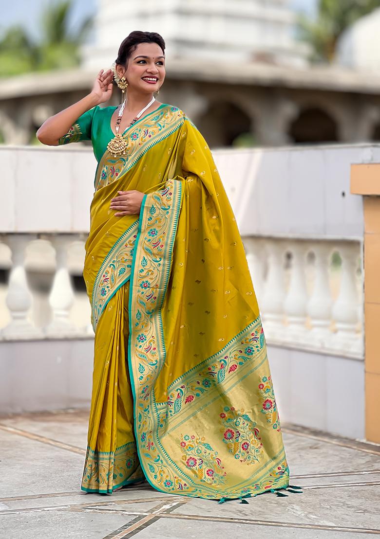 Green Woven Silk Blend Saree Set - Indya