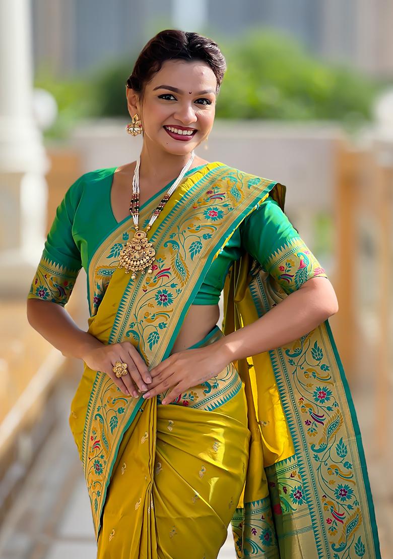 Green Woven Silk Blend Saree Set - Indya