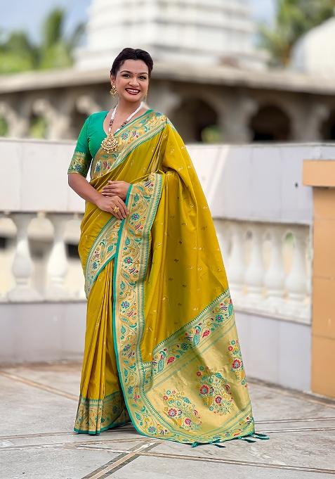 Green Woven Silk Blend Saree Set