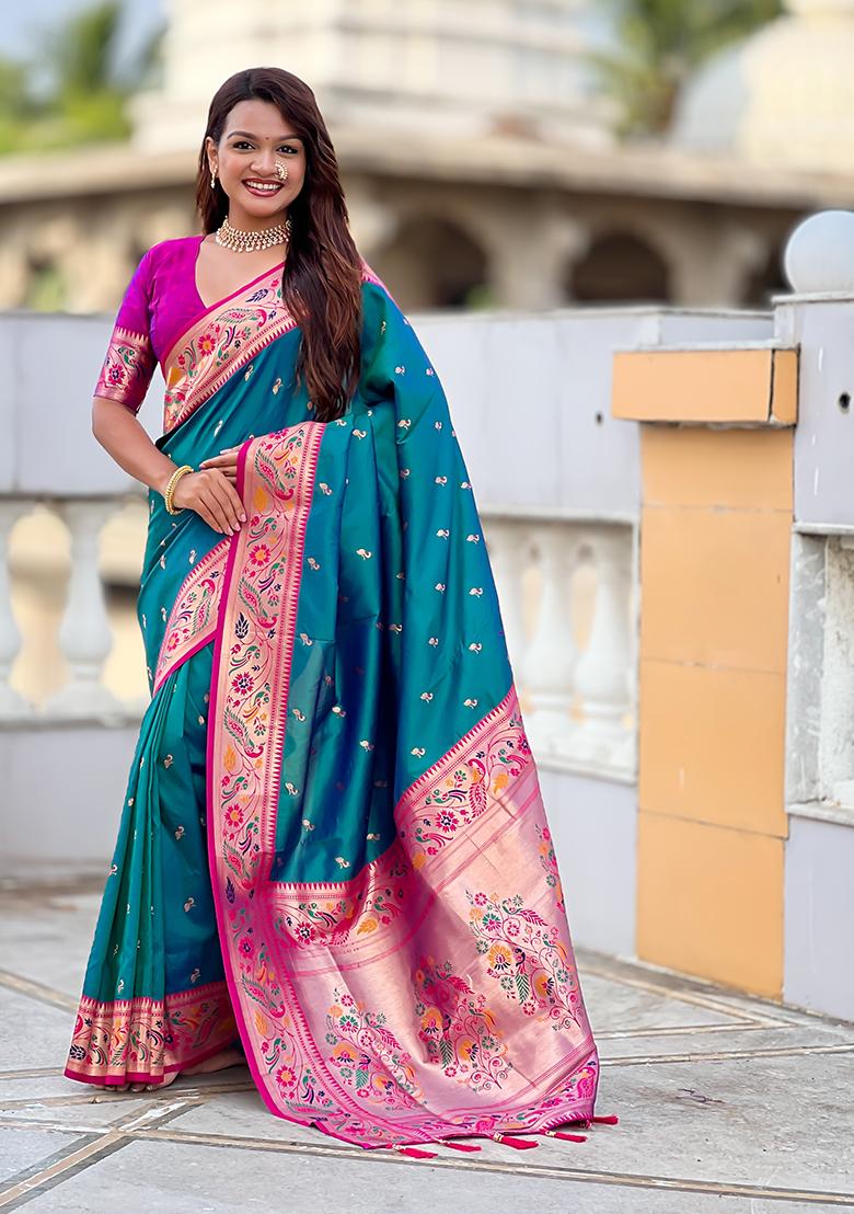 Green Woven Silk Blend Saree Set - Indya