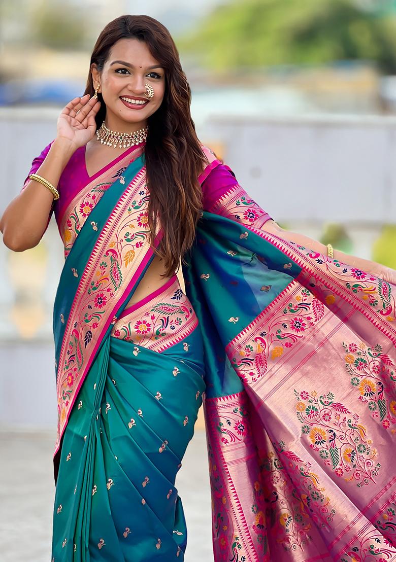 Green Woven Silk Blend Saree Set - Indya