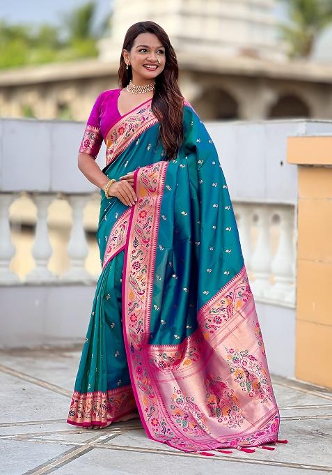 Green Woven Silk Blend Saree Set