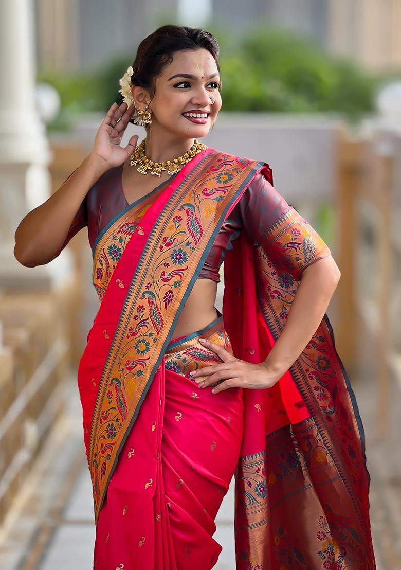 Pink Woven Silk Blend Saree Set - Indya