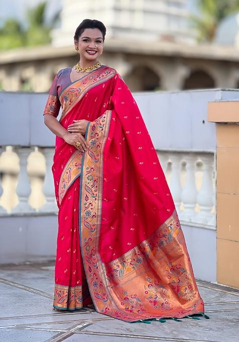 Pink Woven Silk Blend Saree Set