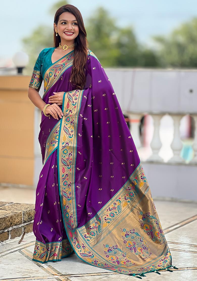 Violet Woven Silk Blend Saree Set - Indya