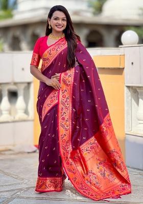 Wine Woven Silk Blend Saree Set