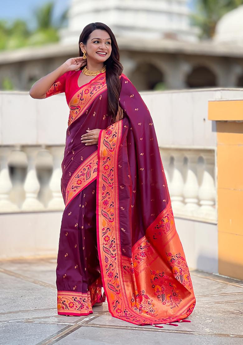 Wine Woven Silk Blend Saree Set - Indya