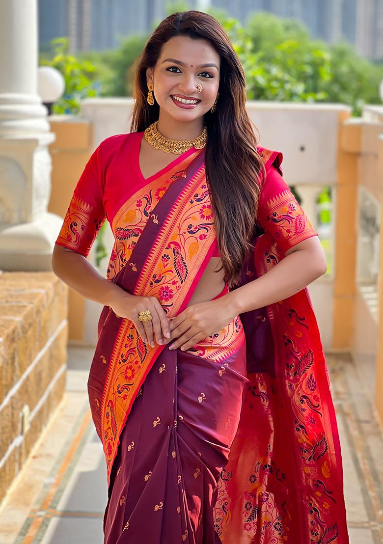 Wine Woven Silk Blend Saree Set - Indya