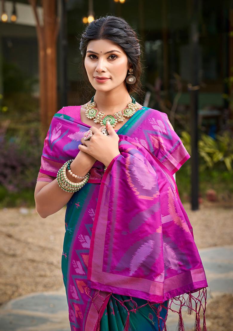 Sea Green Woven Silk Blend Saree Set - Indya