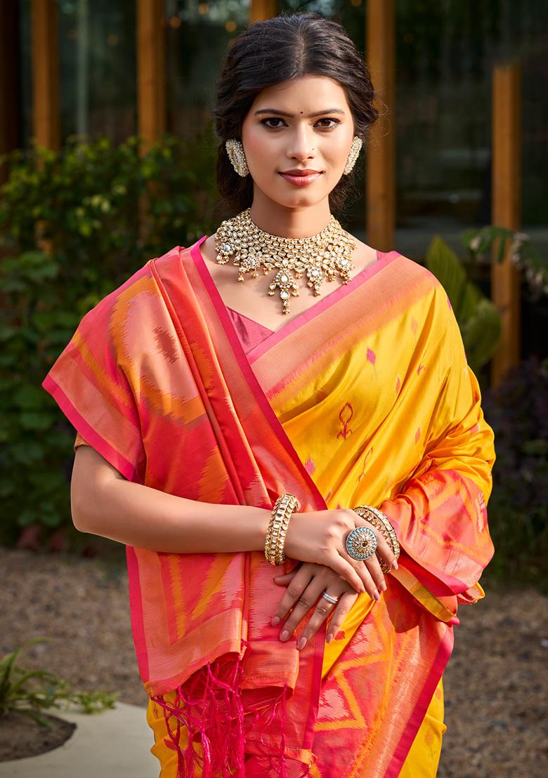 Yellow Woven Silk Blend Saree Set - Indya