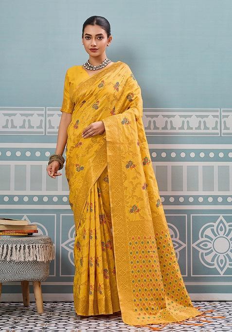 Yellow Woven Silk Blend Saree Set