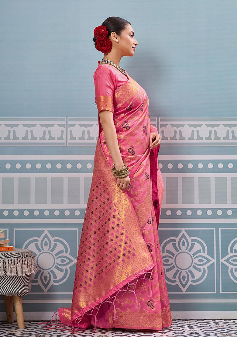 Red Woven Silk Blend Saree Set - Indya
