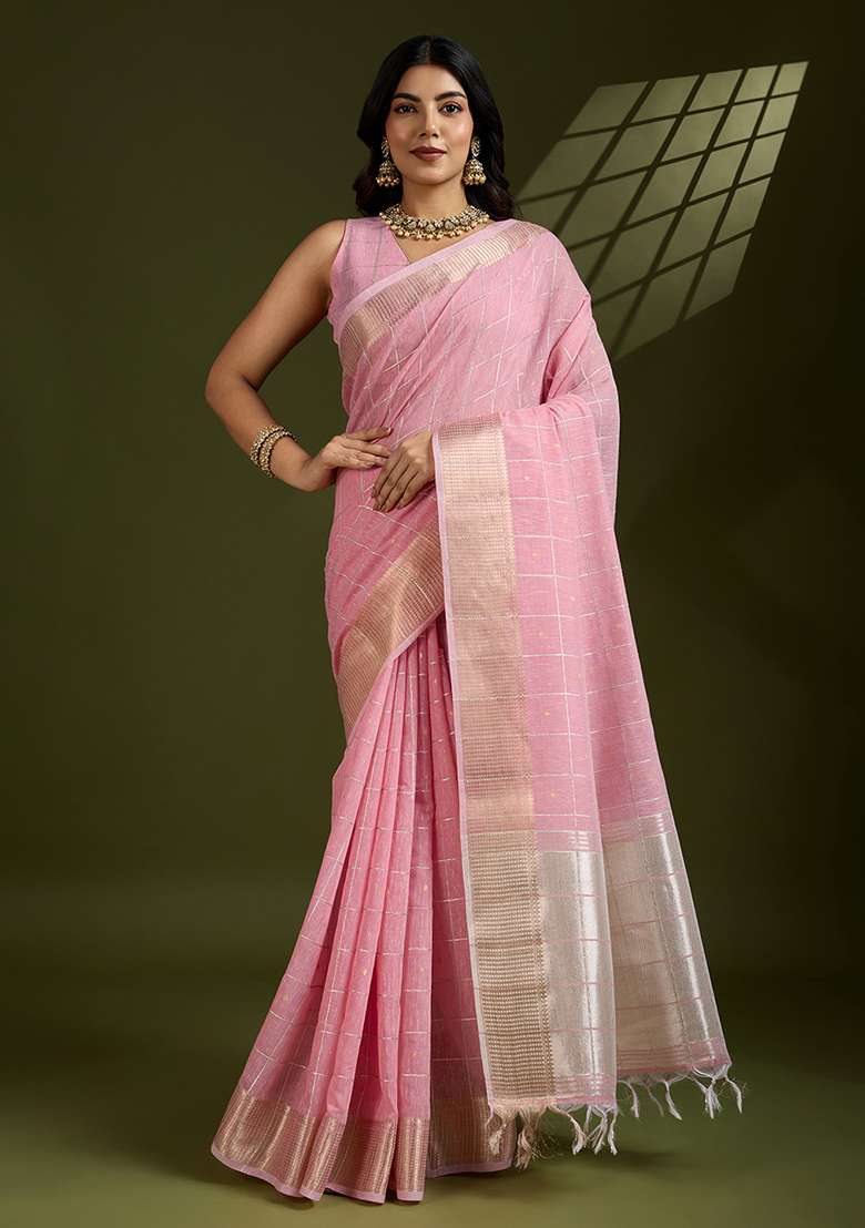 Pink Woven Blended Cotton Saree Set for Diwali and Festive Wear - Indya