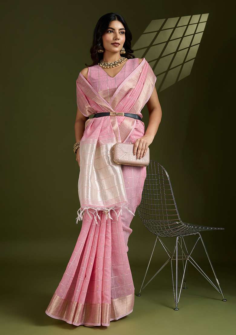 Pink Woven Blended Cotton Saree Set for Diwali and Festive Wear - Indya