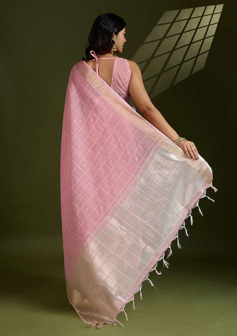 Pink Woven Blended Cotton Saree Set for Diwali and Festive Wear - Indya