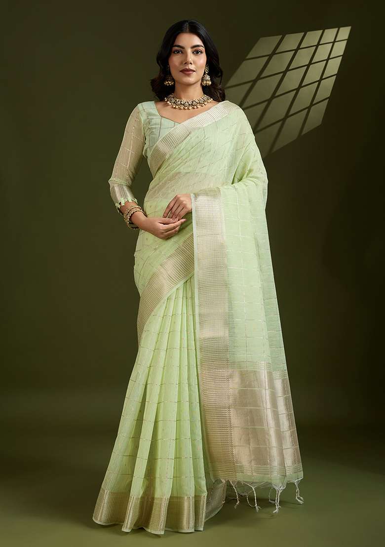 Green Woven Blended Cotton Saree Set for Diwali and Festive Wear - Indya