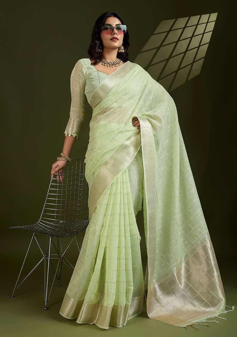 Green Woven Blended Cotton Saree Set for Diwali and Festive Wear - Indya