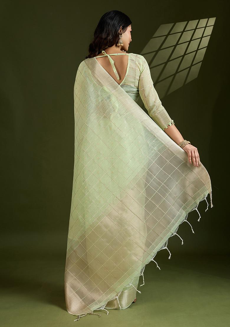 Green Woven Blended Cotton Saree Set - Indya