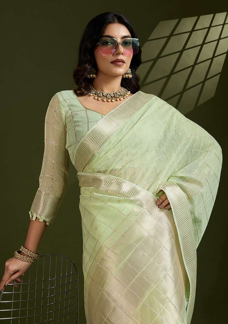 Green Woven Blended Cotton Saree Set for Diwali and Festive Wear - Indya