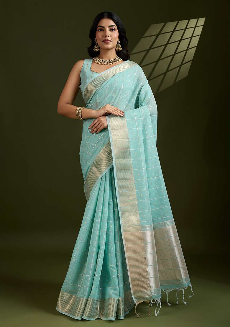 Sea Green Woven Blended Cotton Saree Set for Diwali | Wedding & Festive Wear - Indya