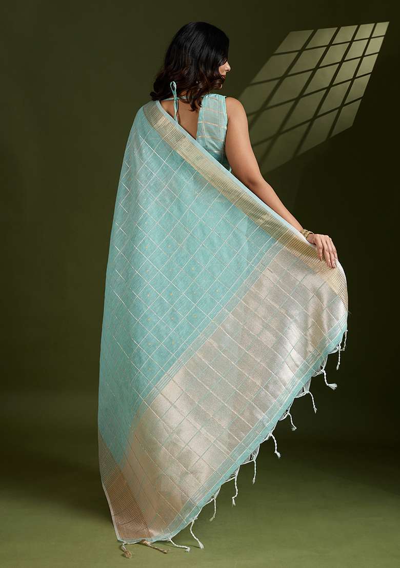 Sea Green Woven Blended Cotton Saree Set for Diwali | Wedding & Festive Wear - Indya