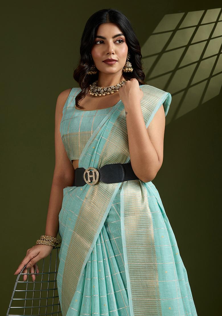 Sea Green Woven Blended Cotton Saree Set - Indya