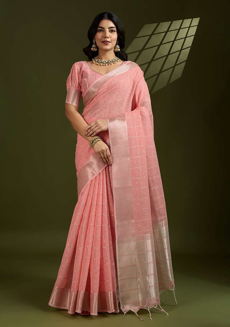 Rust Woven Blended Cotton Saree Set for Diwali and Festive Wear - Indya