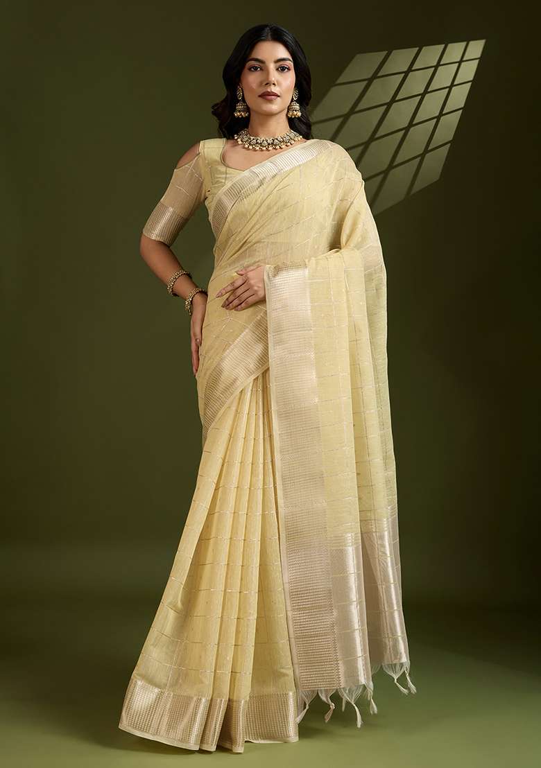 Yellow Woven Blended Cotton Saree Set for Diwali | Wedding & Festive Wear - Indya